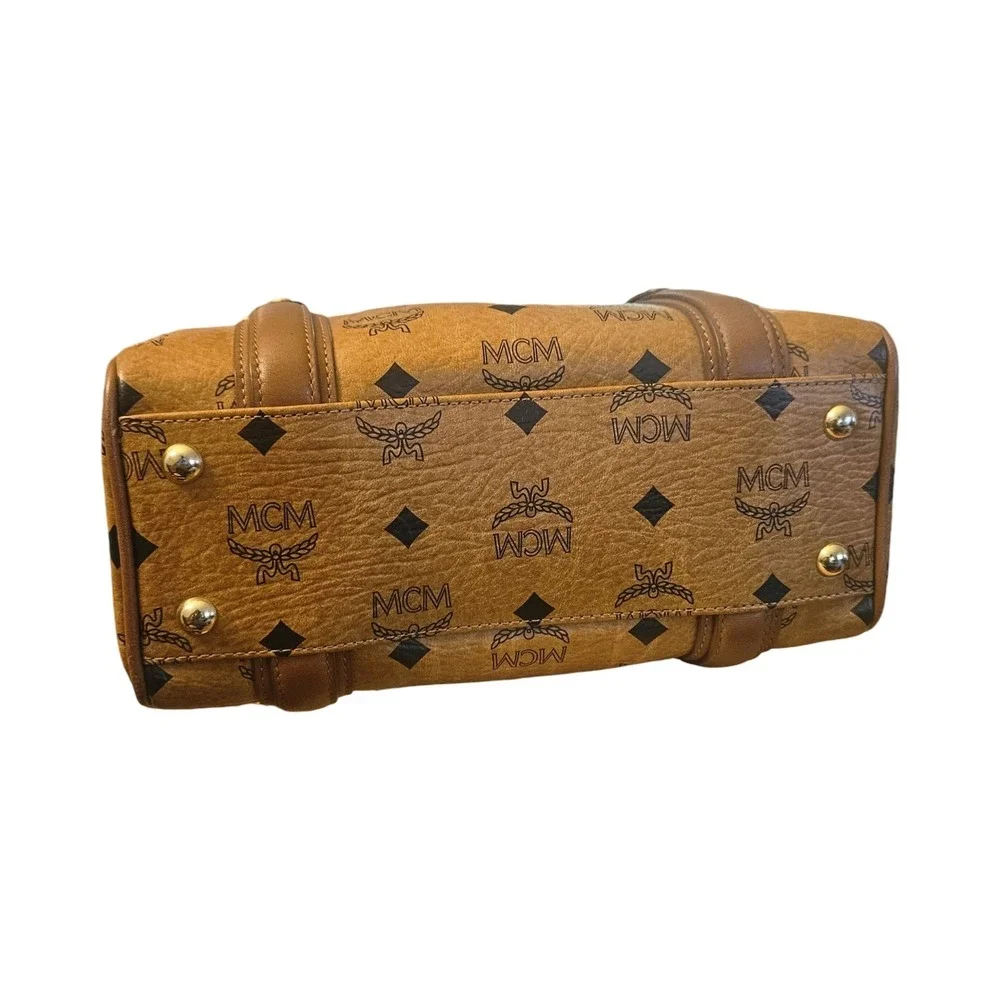 MCM Visetos Boston Bag Cognac Monogram Satchel Gold Hardware C5607